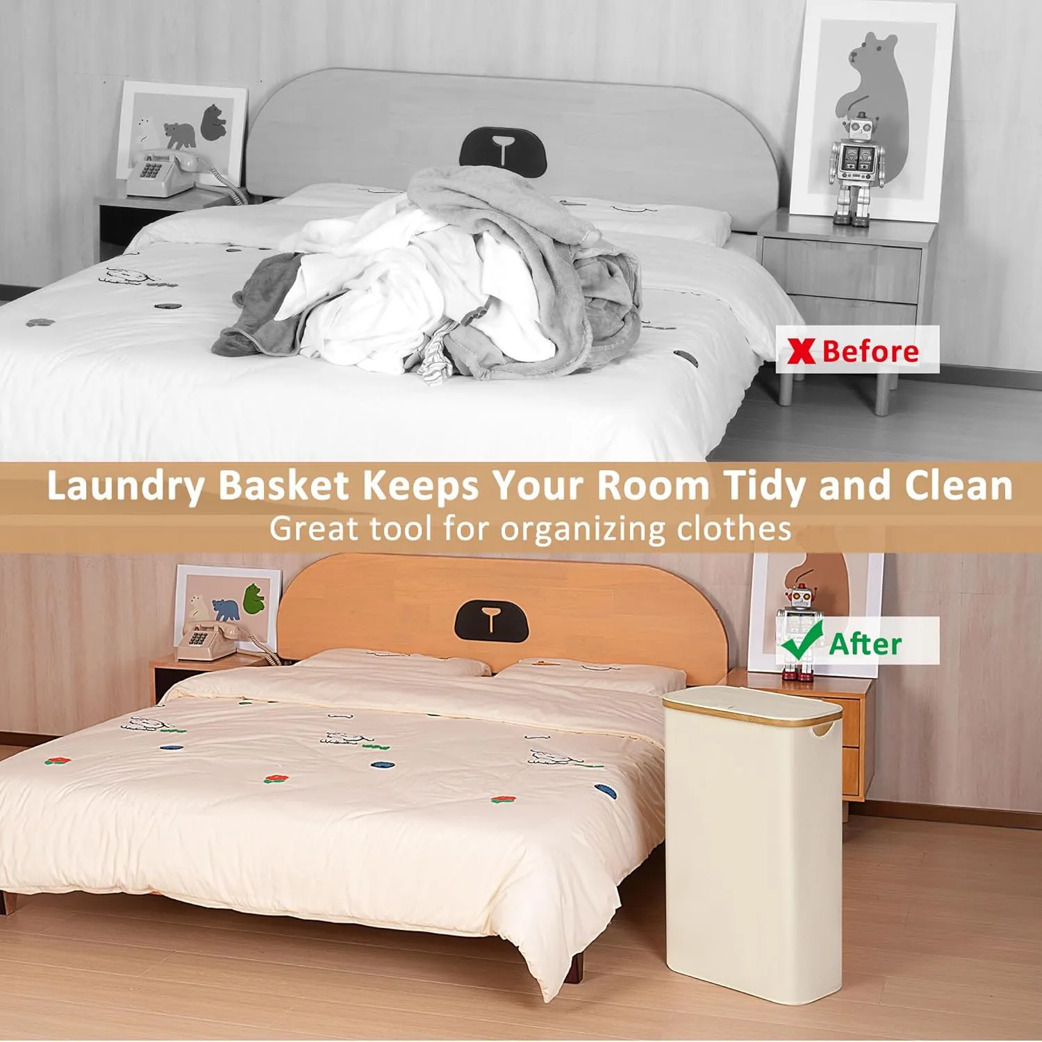 Slim Laundry Hamper, Narrow Laundry Basket with Lid,Foldable Clothes Hamper with Bamboo Handles,Hamper Basket with Removable Inner Bag for Laundry Room Bedroom College Dorm,60L Beige