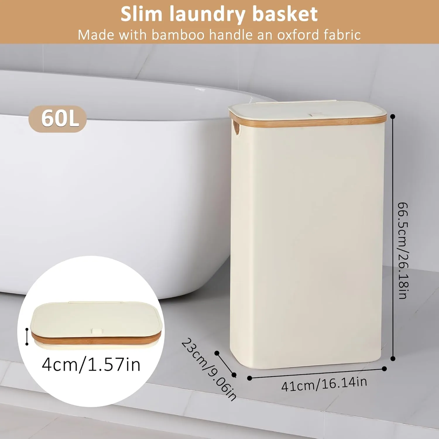 Slim Laundry Hamper, Narrow Laundry Basket with Lid,Foldable Clothes Hamper with Bamboo Handles,Hamper Basket with Removable Inner Bag for Laundry Room Bedroom College Dorm,60L Beige