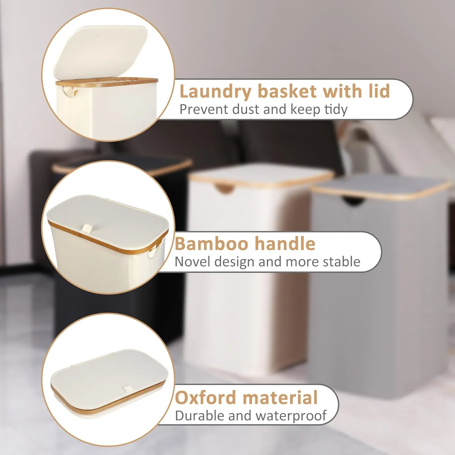 Slim Laundry Hamper, Narrow Laundry Basket with Lid,Foldable Clothes Hamper with Bamboo Handles,Hamper Basket with Removable Inner Bag for Laundry Room Bedroom College Dorm,60L Beige