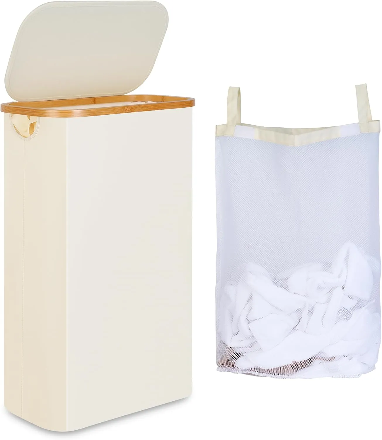 Slim Laundry Hamper, Narrow Laundry Basket with Lid,Foldable Clothes Hamper with Bamboo Handles,Hamper Basket with Removable Inner Bag for Laundry Room Bedroom College Dorm,60L Beige