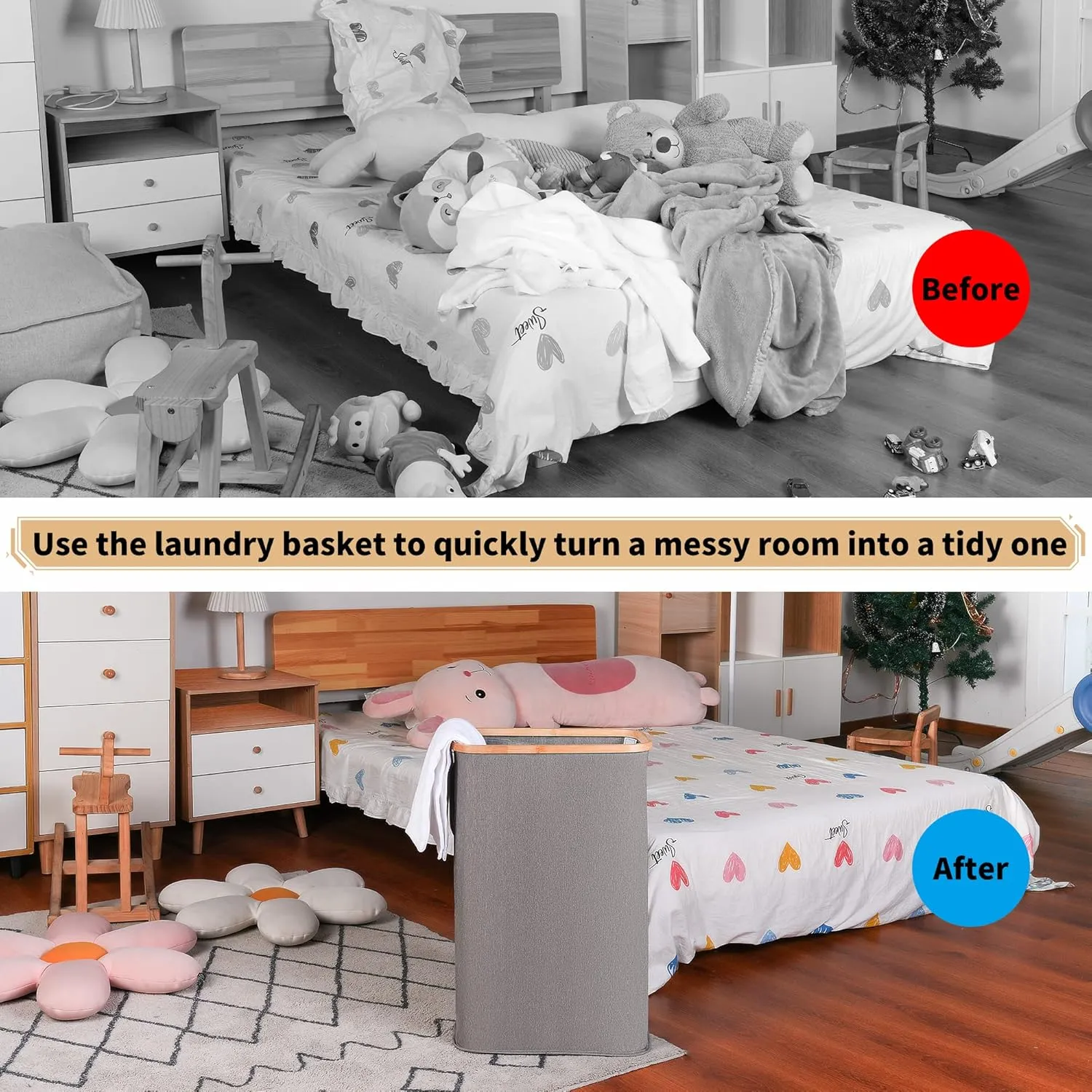Slim Laundry Hamper, Narrow Laundry Basket with Lid,Foldable Clothes Hamper with Bamboo Handles,Hamper Basket with Removable Inner Bag for Laundry Room Bedroom College Dorm,60L Grey
