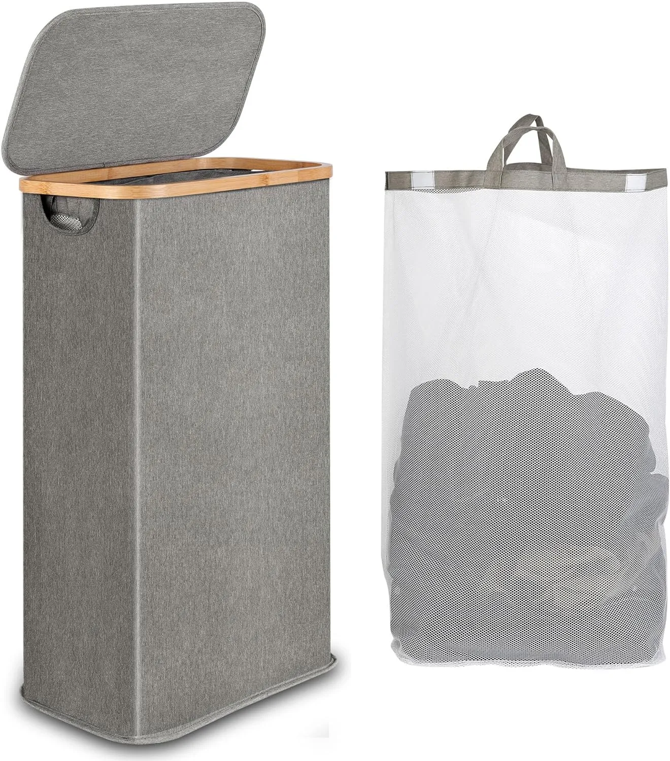 Slim Laundry Hamper, Narrow Laundry Basket with Lid,Foldable Clothes Hamper with Bamboo Handles,Hamper Basket with Removable Inner Bag for Laundry Room Bedroom College Dorm,60L Grey