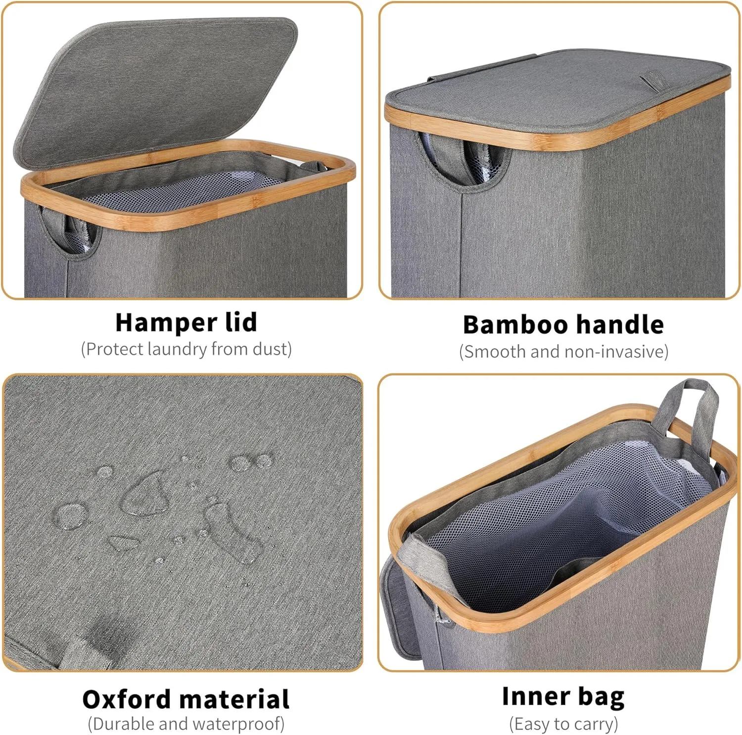 Slim Laundry Hamper, Narrow Laundry Basket with Lid,Foldable Clothes Hamper with Bamboo Handles,Hamper Basket with Removable Inner Bag for Laundry Room Bedroom College Dorm,60L Grey