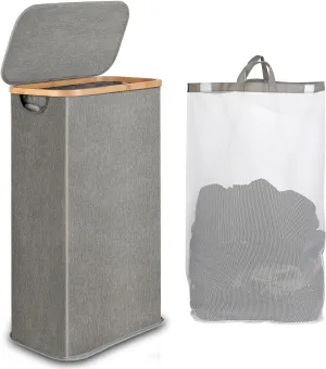 Slim Laundry Hamper, Narrow Laundry Basket with Lid,Foldable Clothes Hamper with Bamboo Handles,Hamper Basket with Removable Inner Bag for Laundry Room Bedroom College Dorm,60L Grey