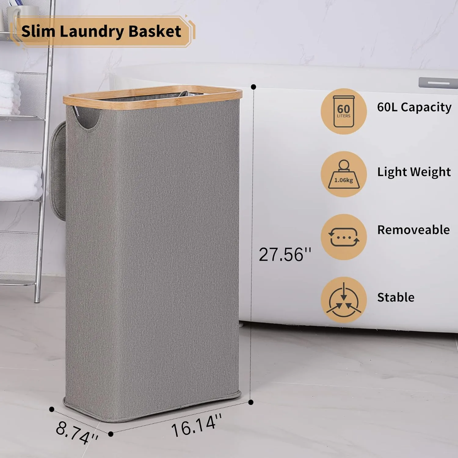 Slim Laundry Hamper, Narrow Laundry Basket with Lid,Foldable Clothes Hamper with Bamboo Handles,Hamper Basket with Removable Inner Bag for Laundry Room Bedroom College Dorm,60L Grey