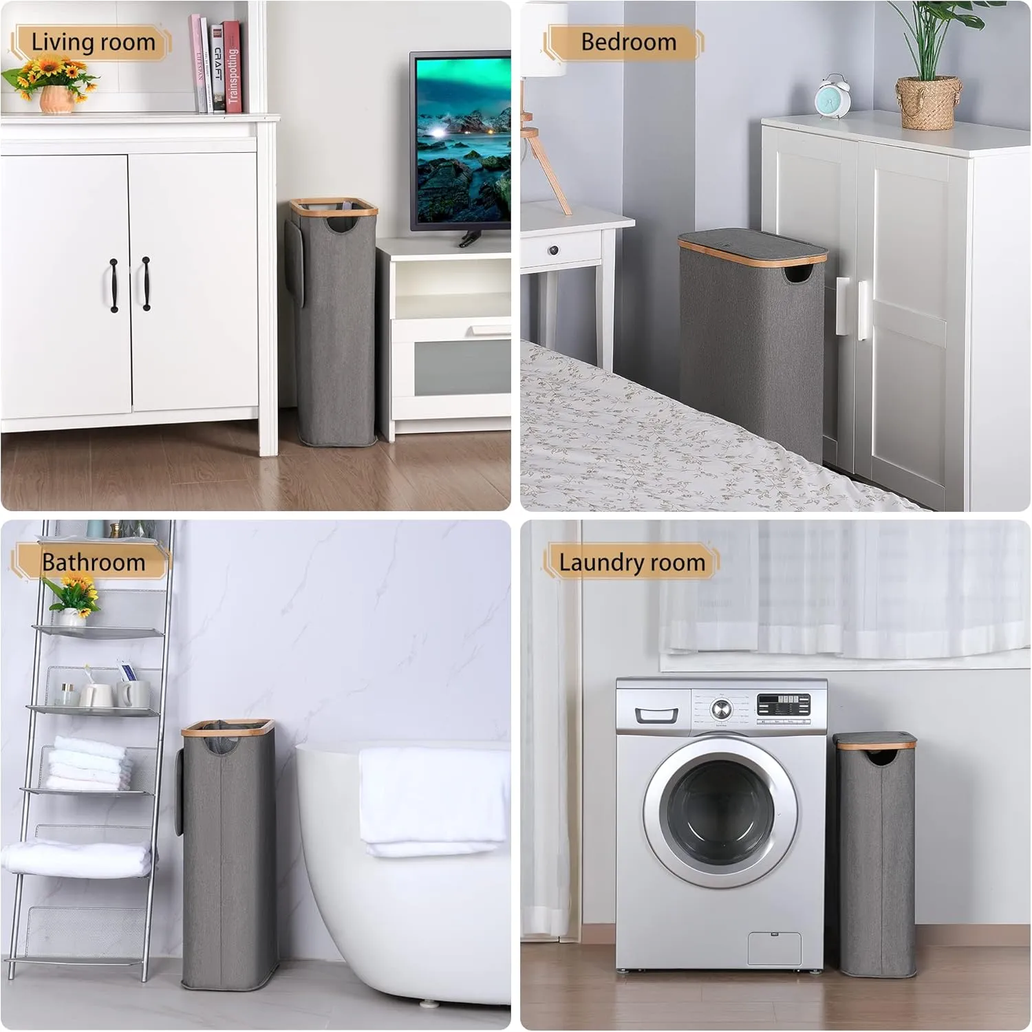 Slim Laundry Hamper, Narrow Laundry Basket with Lid,Foldable Clothes Hamper with Bamboo Handles,Hamper Basket with Removable Inner Bag for Laundry Room Bedroom College Dorm,60L Grey