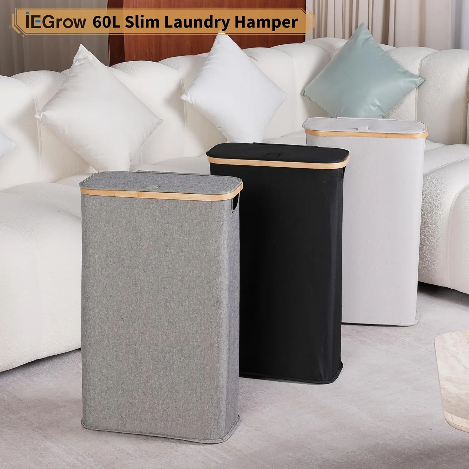 Slim Laundry Hamper, Narrow Laundry Basket with Lid,Foldable Clothes Hamper with Bamboo Handles,Hamper Basket with Removable Inner Bag for Laundry Room Bedroom College Dorm,60L Light Grey