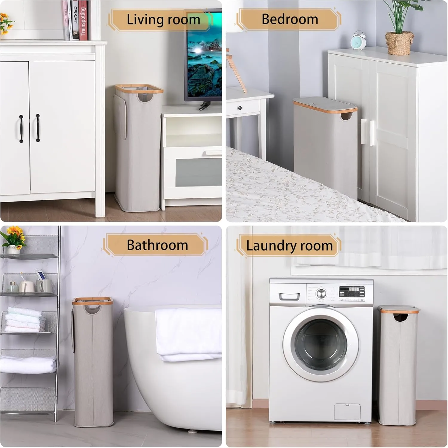 Slim Laundry Hamper, Narrow Laundry Basket with Lid,Foldable Clothes Hamper with Bamboo Handles,Hamper Basket with Removable Inner Bag for Laundry Room Bedroom College Dorm,60L Light Grey