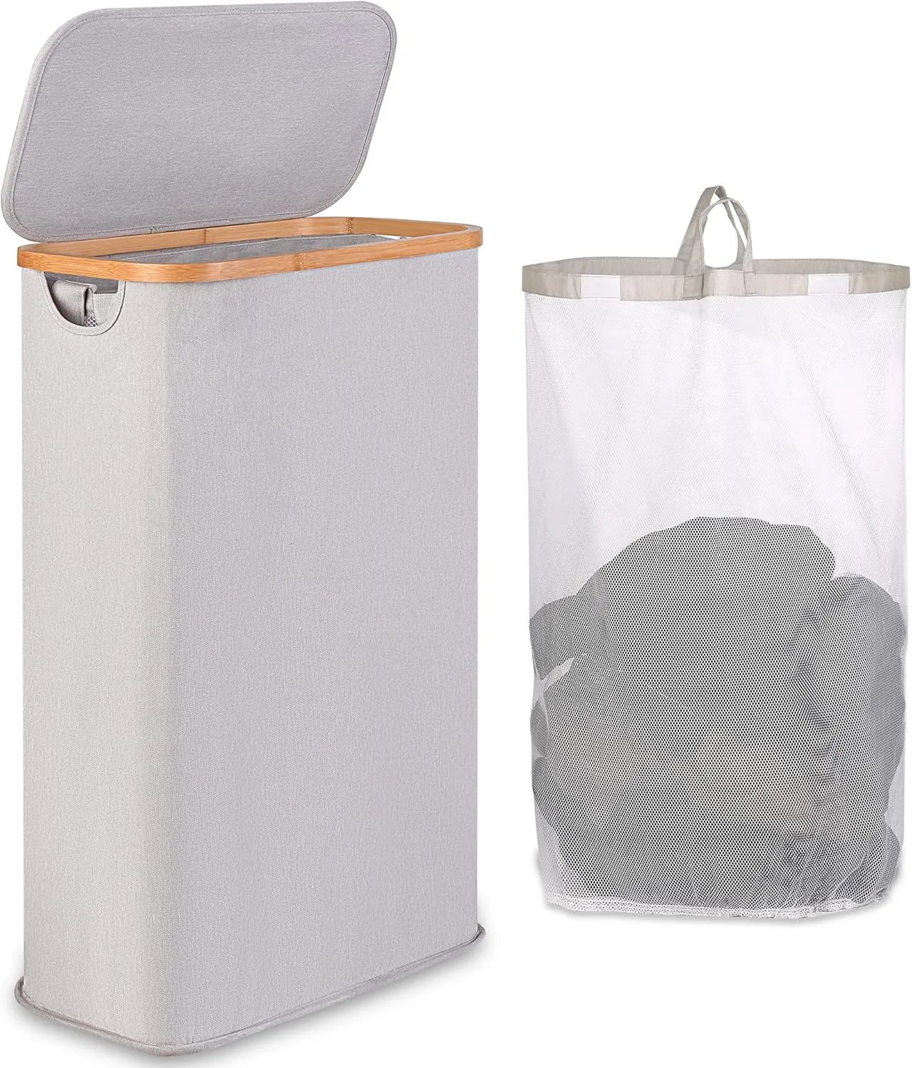Slim Laundry Hamper, Narrow Laundry Basket with Lid,Foldable Clothes Hamper with Bamboo Handles,Hamper Basket with Removable Inner Bag for Laundry Room Bedroom College Dorm,60L Light Grey