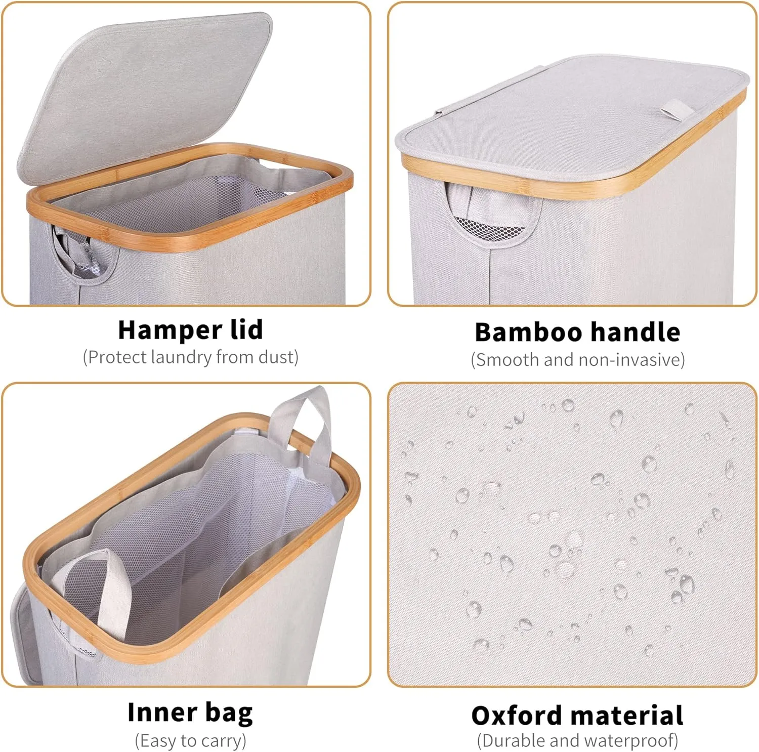 Slim Laundry Hamper, Narrow Laundry Basket with Lid,Foldable Clothes Hamper with Bamboo Handles,Hamper Basket with Removable Inner Bag for Laundry Room Bedroom College Dorm,60L Light Grey
