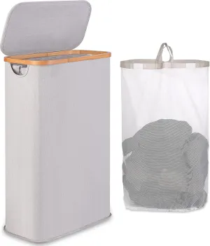 Slim Laundry Hamper, Narrow Laundry Basket with Lid,Foldable Clothes Hamper with Bamboo Handles,Hamper Basket with Removable Inner Bag for Laundry Room Bedroom College Dorm,60L Light Grey