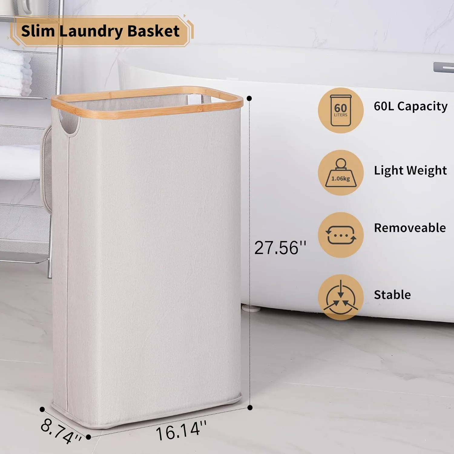 Slim Laundry Hamper, Narrow Laundry Basket with Lid,Foldable Clothes Hamper with Bamboo Handles,Hamper Basket with Removable Inner Bag for Laundry Room Bedroom College Dorm,60L Light Grey