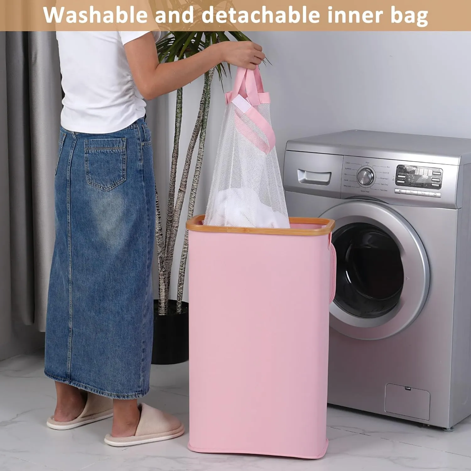 Slim Laundry Hamper, Narrow Laundry Basket with Lid,Foldable Clothes Hamper with Bamboo Handles,Hamper Basket with Removable Inner Bag for Laundry Room Bedroom College Dorm,60L Pink