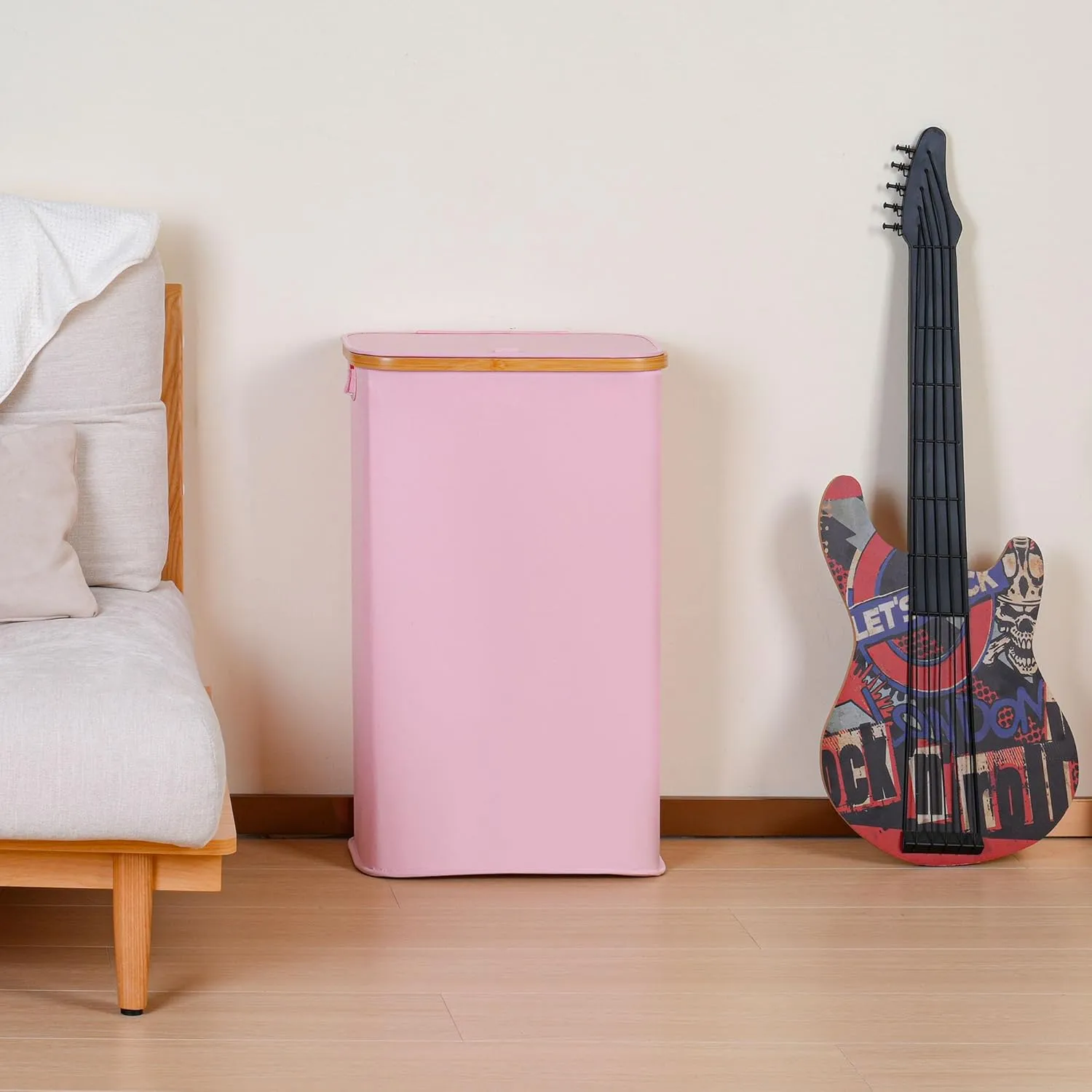 Slim Laundry Hamper, Narrow Laundry Basket with Lid,Foldable Clothes Hamper with Bamboo Handles,Hamper Basket with Removable Inner Bag for Laundry Room Bedroom College Dorm,60L Pink