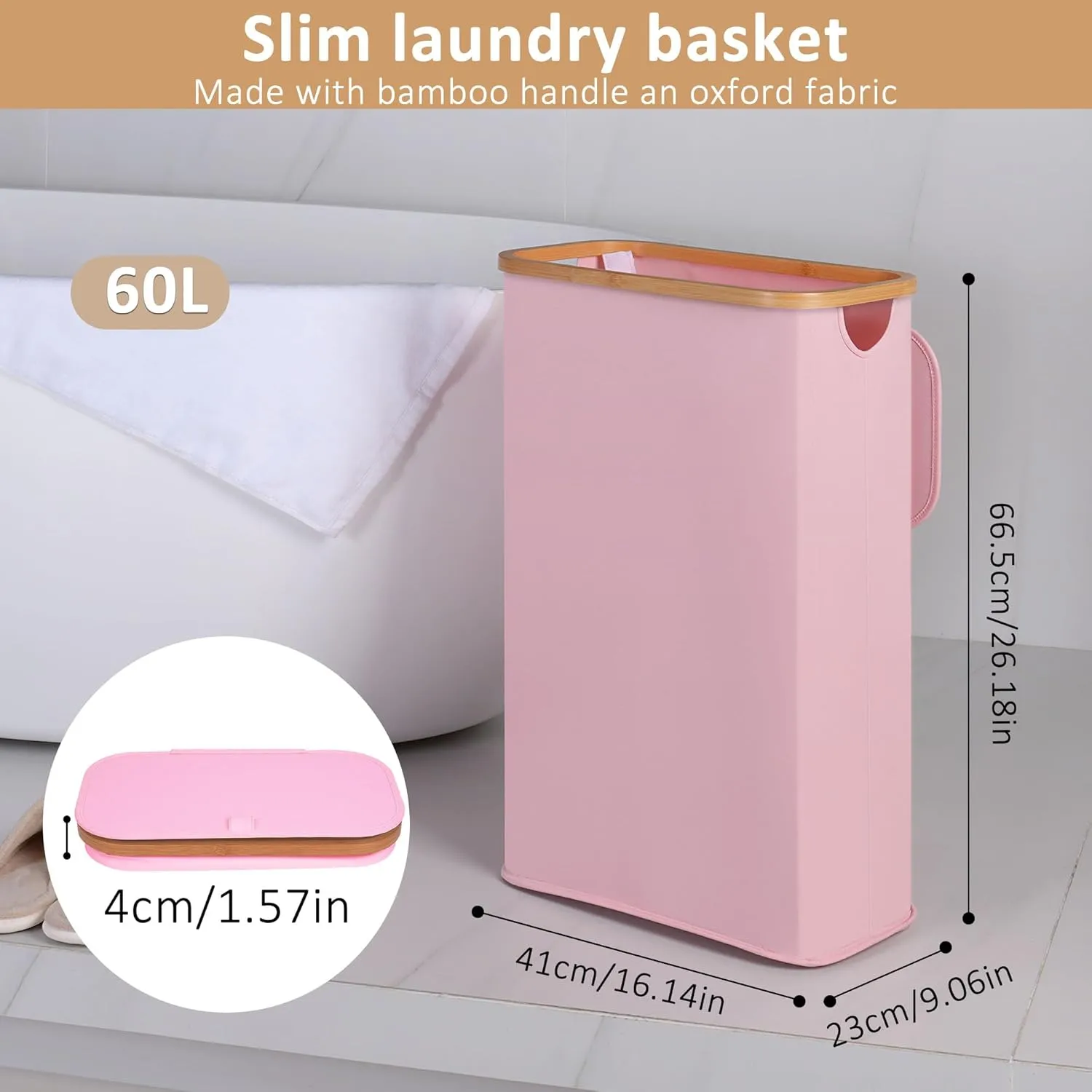 Slim Laundry Hamper, Narrow Laundry Basket with Lid,Foldable Clothes Hamper with Bamboo Handles,Hamper Basket with Removable Inner Bag for Laundry Room Bedroom College Dorm,60L Pink