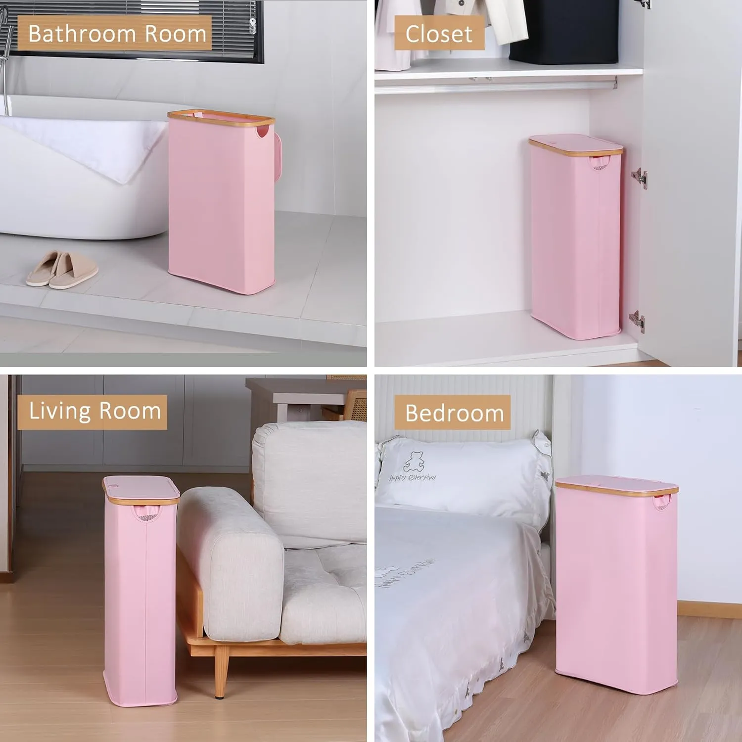 Slim Laundry Hamper, Narrow Laundry Basket with Lid,Foldable Clothes Hamper with Bamboo Handles,Hamper Basket with Removable Inner Bag for Laundry Room Bedroom College Dorm,60L Pink