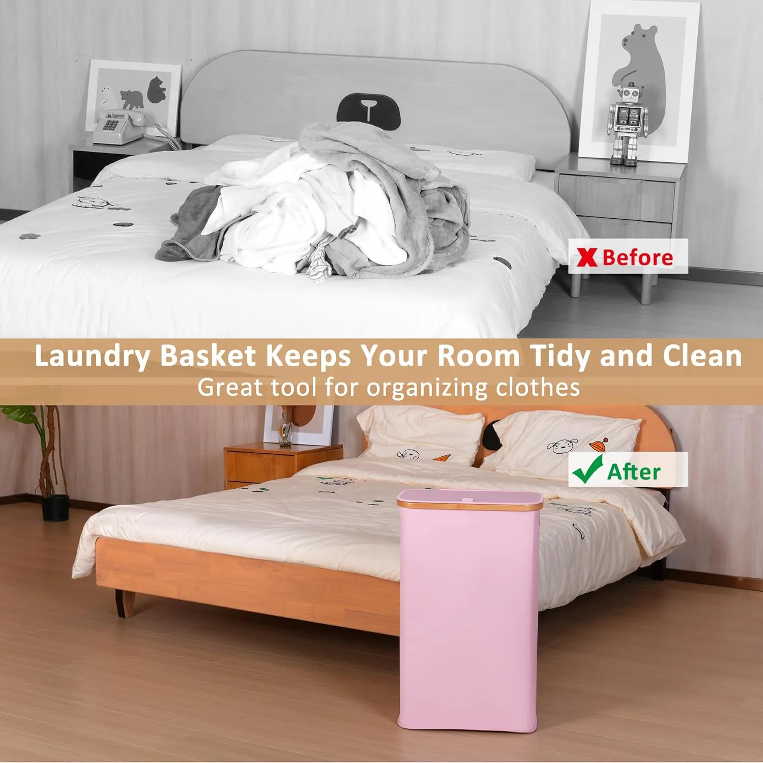 Slim Laundry Hamper, Narrow Laundry Basket with Lid,Foldable Clothes Hamper with Bamboo Handles,Hamper Basket with Removable Inner Bag for Laundry Room Bedroom College Dorm,60L Pink