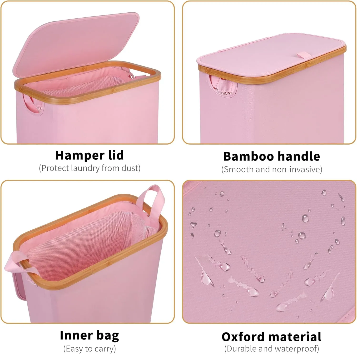 Slim Laundry Hamper, Narrow Laundry Basket with Lid,Foldable Clothes Hamper with Bamboo Handles,Hamper Basket with Removable Inner Bag for Laundry Room Bedroom College Dorm,60L Pink