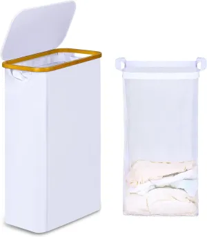 Slim Laundry Hamper, Narrow Laundry Basket with Lid,Foldable Clothes Hamper with Bamboo Handles,Hamper Basket with Removable Inner Bag for Laundry Room Bedroom College Dorm,60L White