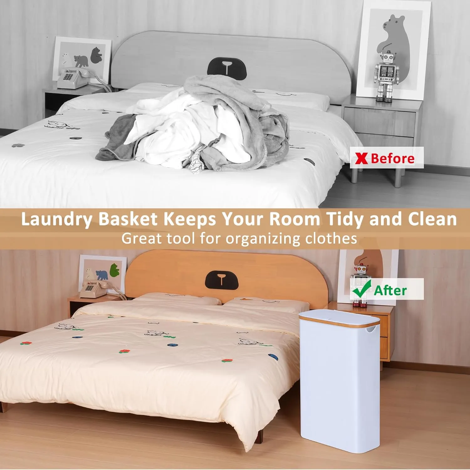 Slim Laundry Hamper, Narrow Laundry Basket with Lid,Foldable Clothes Hamper with Bamboo Handles,Hamper Basket with Removable Inner Bag for Laundry Room Bedroom College Dorm,60L White