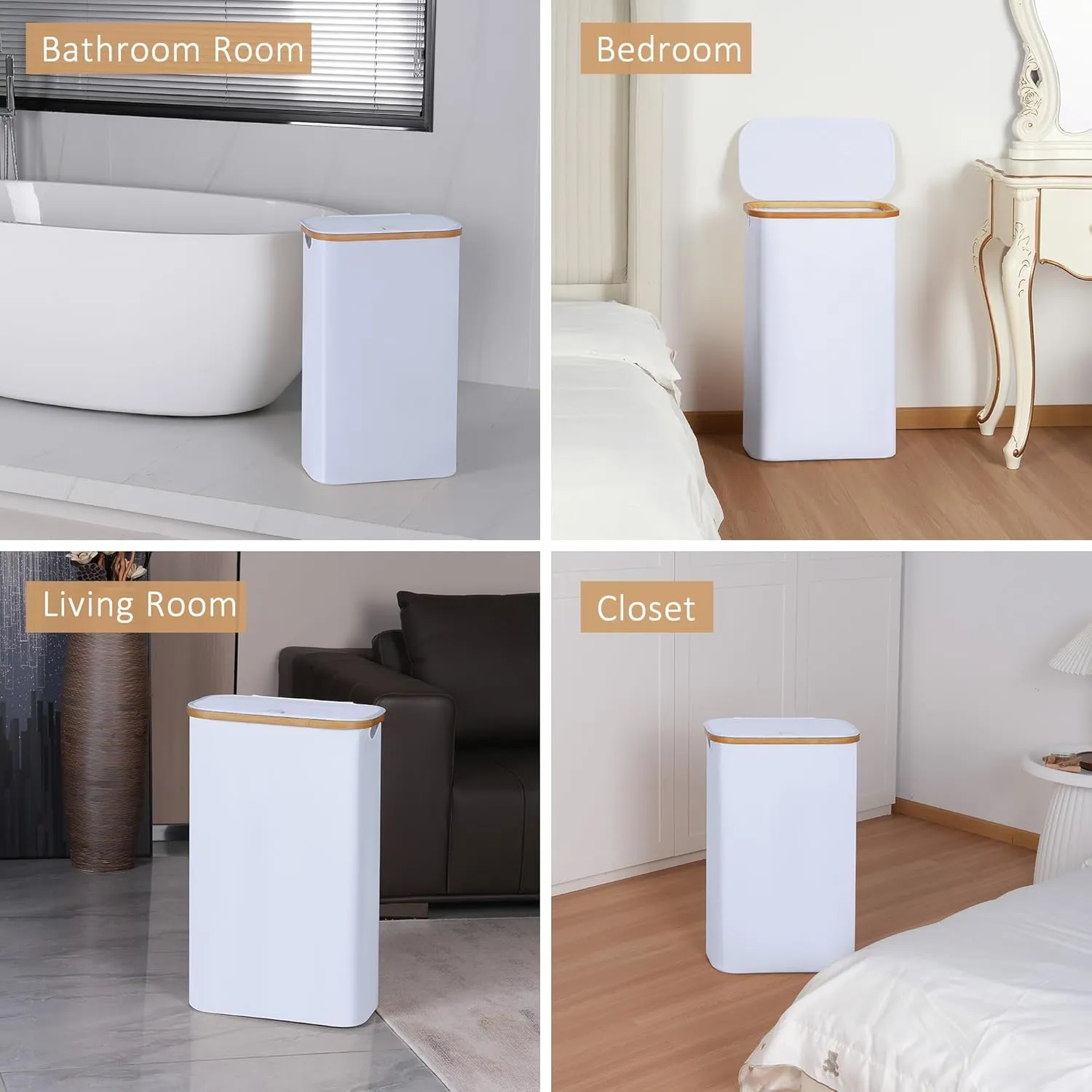 Slim Laundry Hamper, Narrow Laundry Basket with Lid,Foldable Clothes Hamper with Bamboo Handles,Hamper Basket with Removable Inner Bag for Laundry Room Bedroom College Dorm,60L White