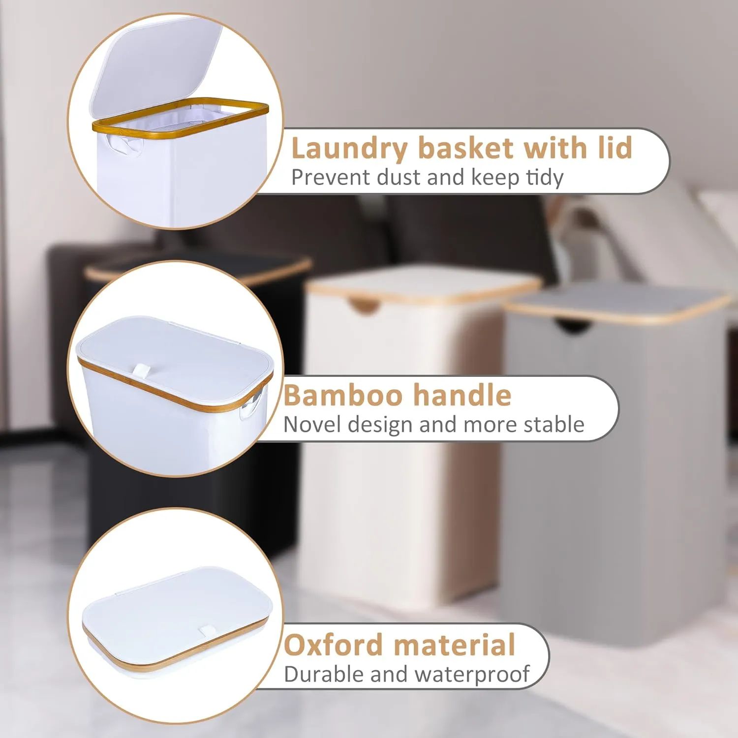 Slim Laundry Hamper, Narrow Laundry Basket with Lid,Foldable Clothes Hamper with Bamboo Handles,Hamper Basket with Removable Inner Bag for Laundry Room Bedroom College Dorm,60L White