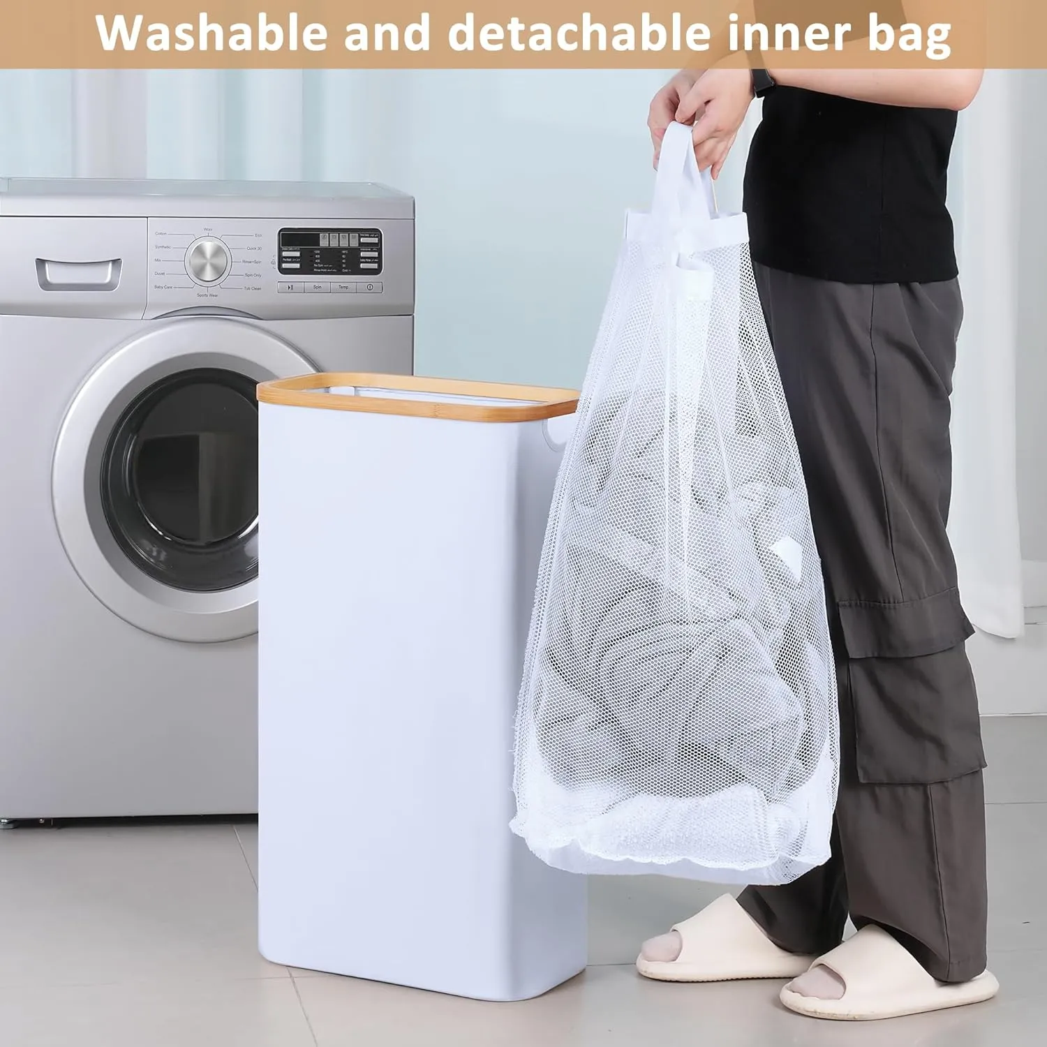 Slim Laundry Hamper, Narrow Laundry Basket with Lid,Foldable Clothes Hamper with Bamboo Handles,Hamper Basket with Removable Inner Bag for Laundry Room Bedroom College Dorm,60L White