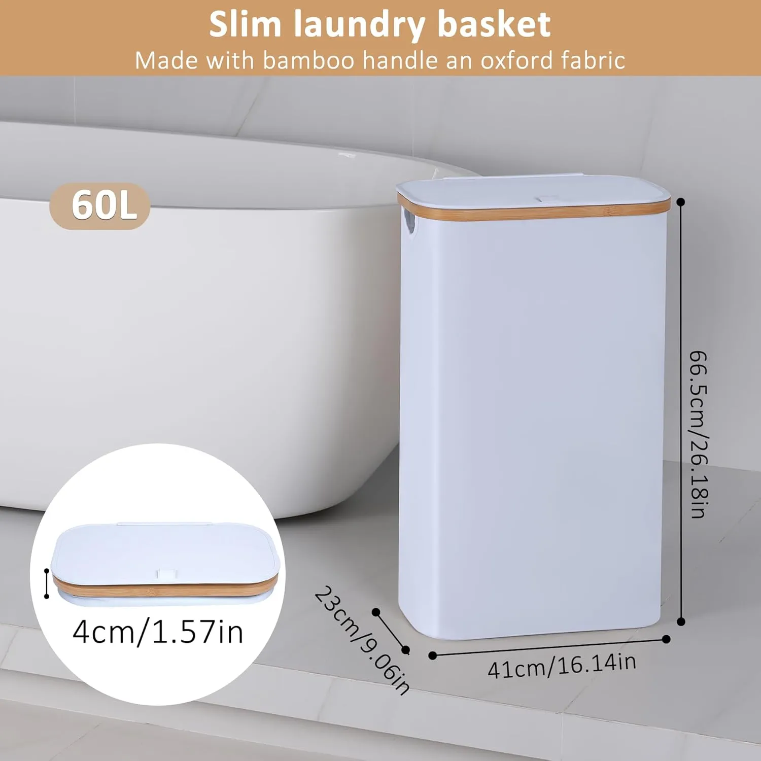 Slim Laundry Hamper, Narrow Laundry Basket with Lid,Foldable Clothes Hamper with Bamboo Handles,Hamper Basket with Removable Inner Bag for Laundry Room Bedroom College Dorm,60L White