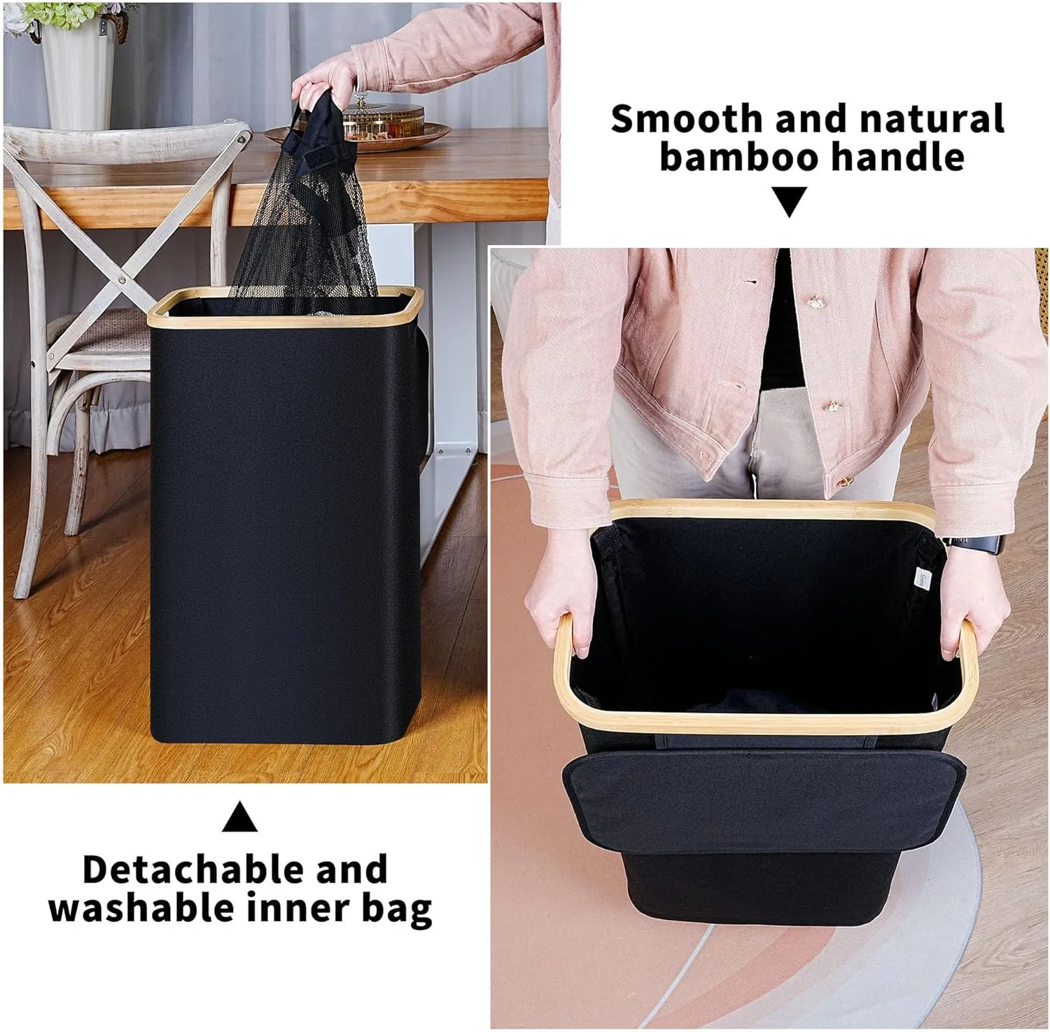 Slim Laundry Hamper, Narrow Laundry Basket with Lid,Foldable Clothes Hamper with Bamboo Handles,Hamper Basket with Removable Inner Bag for Laundry Room Bedroom College Dorm,75L Black
