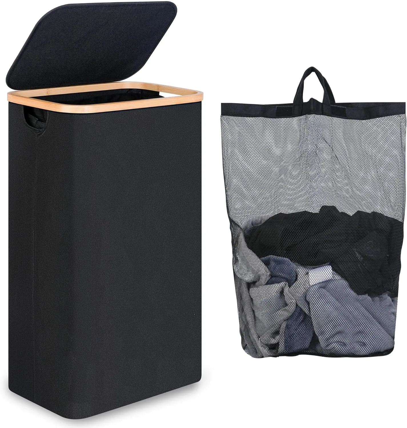 Slim Laundry Hamper, Narrow Laundry Basket with Lid,Foldable Clothes Hamper with Bamboo Handles,Hamper Basket with Removable Inner Bag for Laundry Room Bedroom College Dorm,75L Black