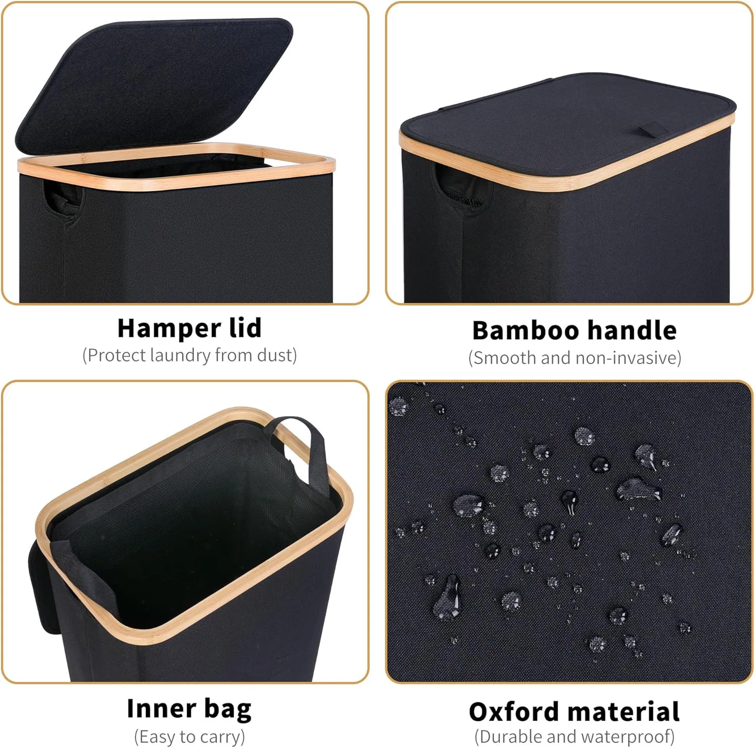 Slim Laundry Hamper, Narrow Laundry Basket with Lid,Foldable Clothes Hamper with Bamboo Handles,Hamper Basket with Removable Inner Bag for Laundry Room Bedroom College Dorm,75L Black