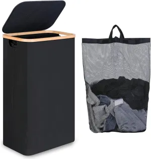 Slim Laundry Hamper, Narrow Laundry Basket with Lid,Foldable Clothes Hamper with Bamboo Handles,Hamper Basket with Removable Inner Bag for Laundry Room Bedroom College Dorm,75L Black