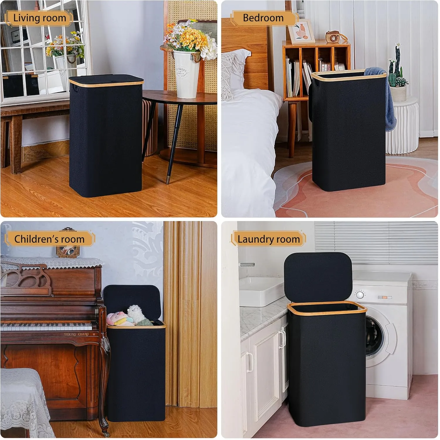 Slim Laundry Hamper, Narrow Laundry Basket with Lid,Foldable Clothes Hamper with Bamboo Handles,Hamper Basket with Removable Inner Bag for Laundry Room Bedroom College Dorm,75L Black