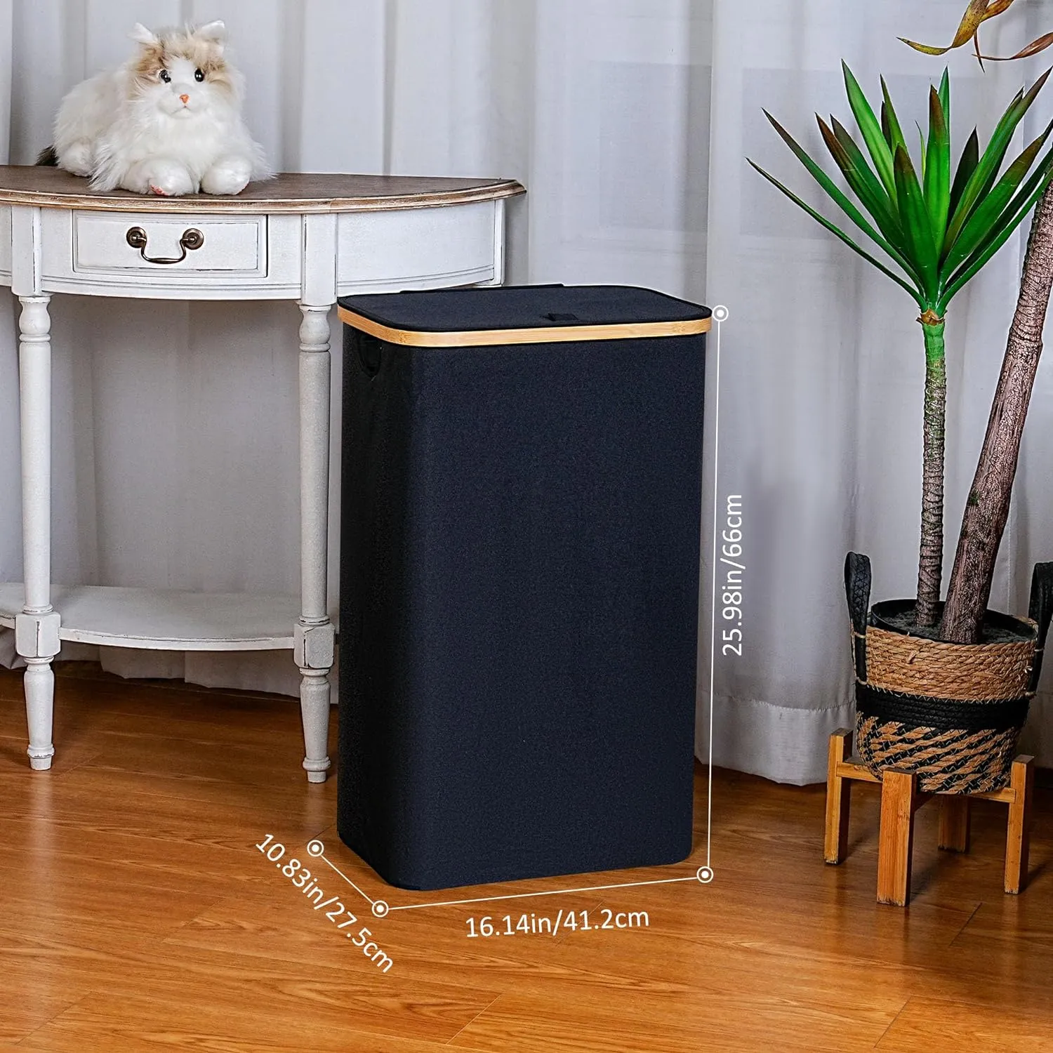 Slim Laundry Hamper, Narrow Laundry Basket with Lid,Foldable Clothes Hamper with Bamboo Handles,Hamper Basket with Removable Inner Bag for Laundry Room Bedroom College Dorm,75L Black