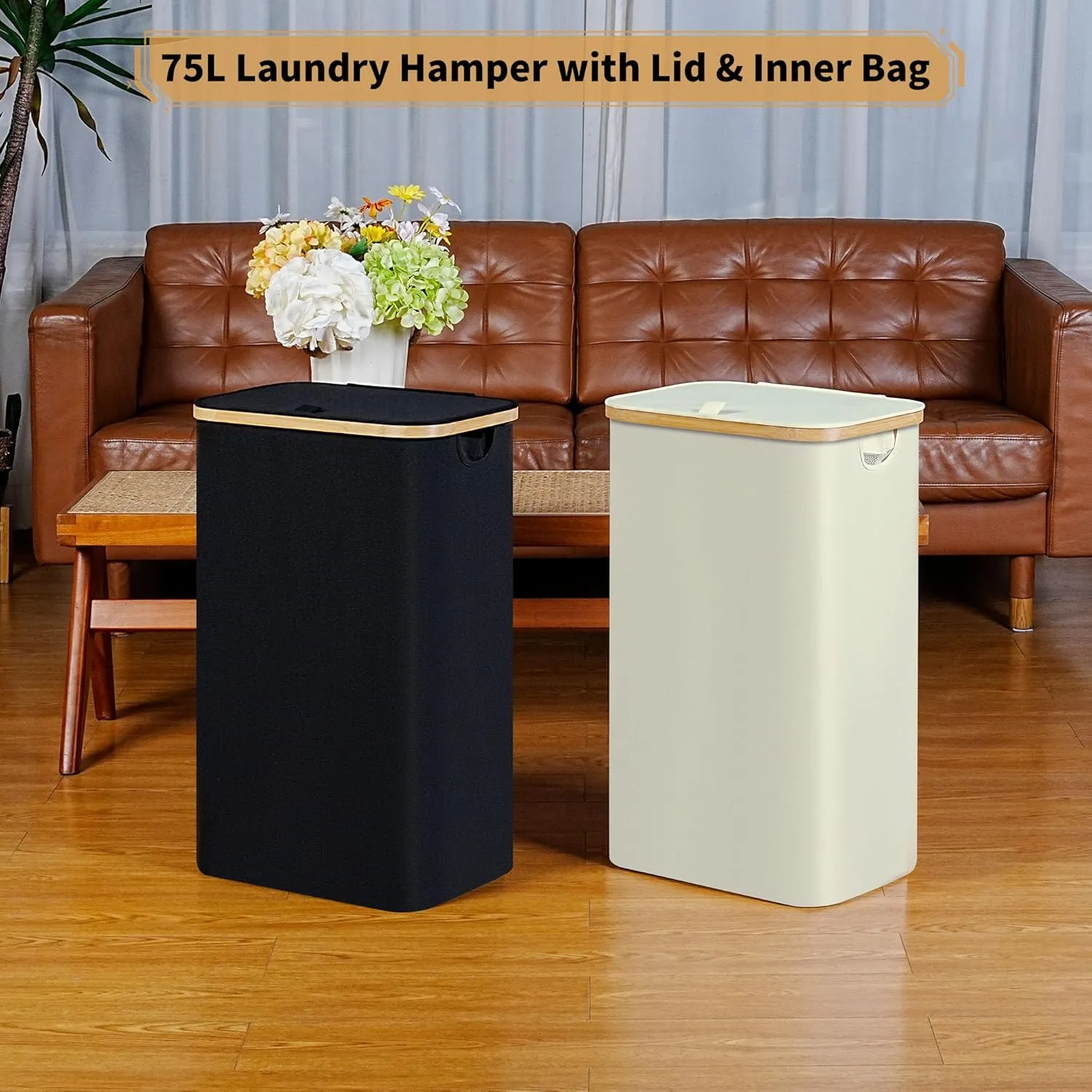 Slim Laundry Hamper, Narrow Laundry Basket with Lid,Foldable Clothes Hamper with Bamboo Handles,Hamper Basket with Removable Inner Bag for Laundry Room Bedroom College Dorm,75L Black