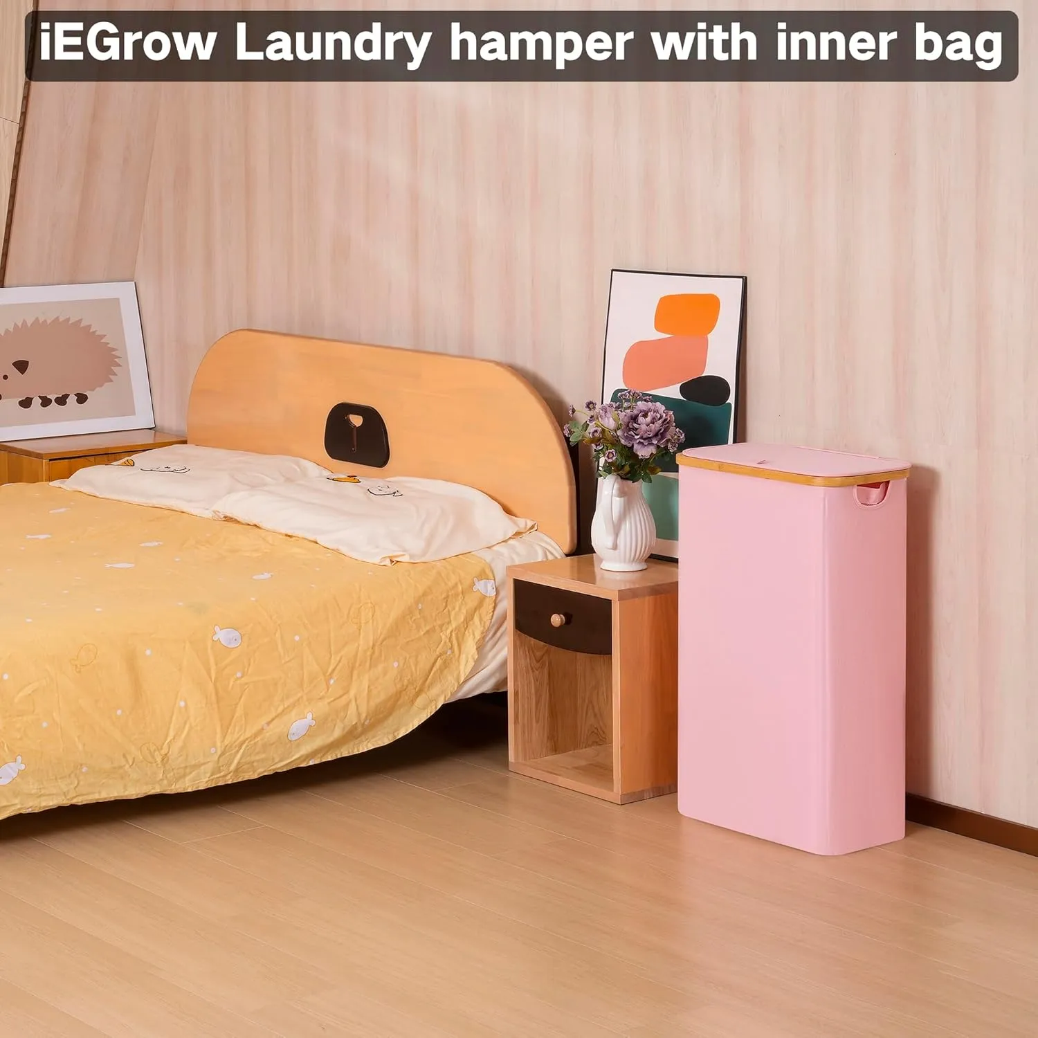 Slim Laundry Hamper, Narrow Laundry Basket with Lid,Foldable Clothes Hamper with Bamboo Handles,Hamper Basket with Removable Inner Bag for Laundry Room Bedroom College Dorm,75L Pink