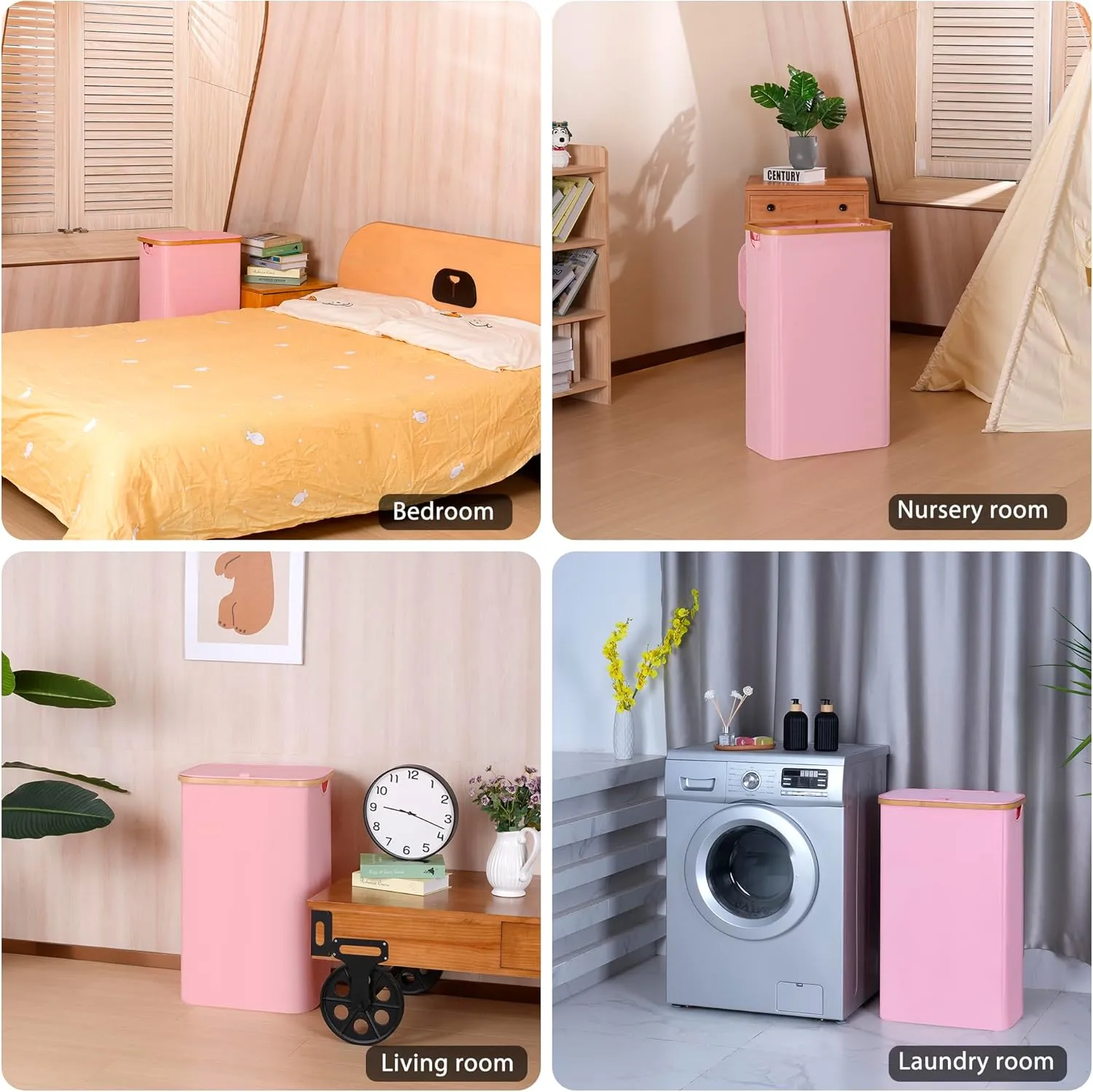 Slim Laundry Hamper, Narrow Laundry Basket with Lid,Foldable Clothes Hamper with Bamboo Handles,Hamper Basket with Removable Inner Bag for Laundry Room Bedroom College Dorm,75L Pink