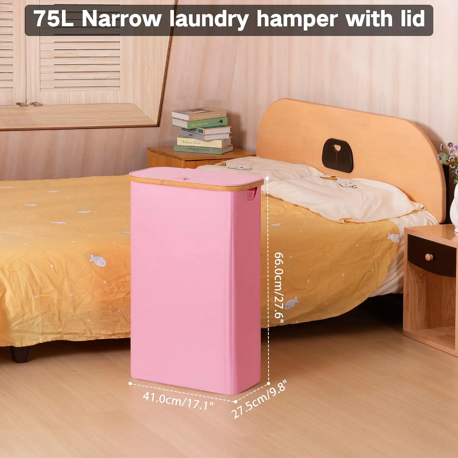 Slim Laundry Hamper, Narrow Laundry Basket with Lid,Foldable Clothes Hamper with Bamboo Handles,Hamper Basket with Removable Inner Bag for Laundry Room Bedroom College Dorm,75L Pink