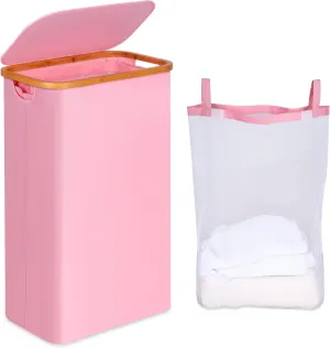 Slim Laundry Hamper, Narrow Laundry Basket with Lid,Foldable Clothes Hamper with Bamboo Handles,Hamper Basket with Removable Inner Bag for Laundry Room Bedroom College Dorm,75L Pink