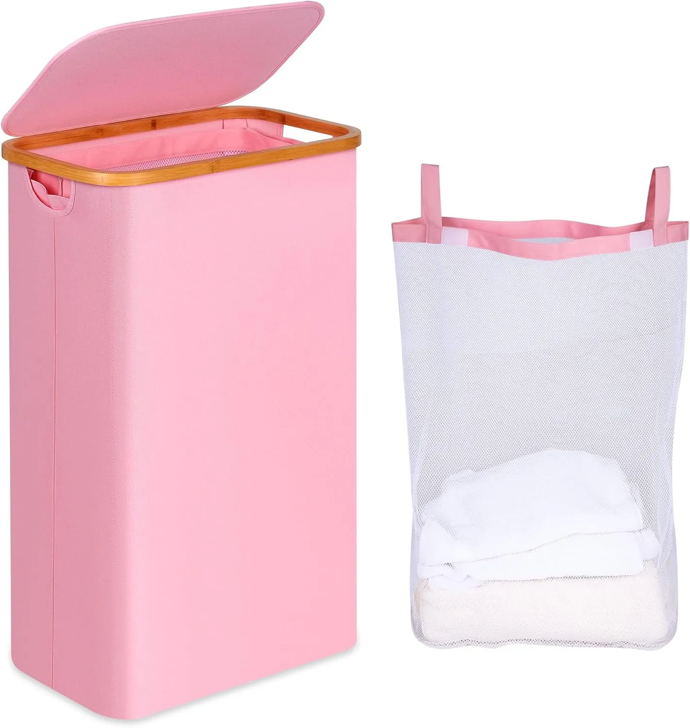 Slim Laundry Hamper, Narrow Laundry Basket with Lid,Foldable Clothes Hamper with Bamboo Handles,Hamper Basket with Removable Inner Bag for Laundry Room Bedroom College Dorm,75L Pink