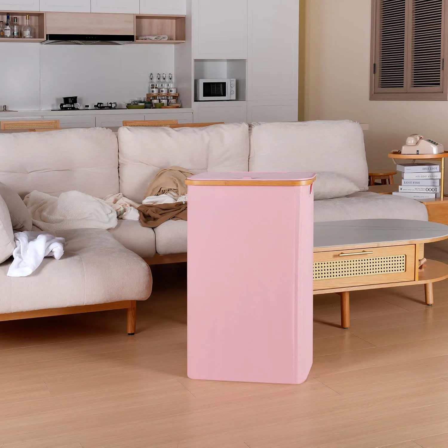 Slim Laundry Hamper, Narrow Laundry Basket with Lid,Foldable Clothes Hamper with Bamboo Handles,Hamper Basket with Removable Inner Bag for Laundry Room Bedroom College Dorm,75L Pink