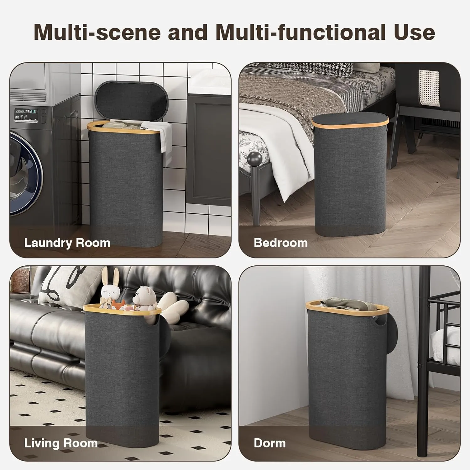 Slim Laundry Hamper with Lid, 60L Small Laundry Basket with Handles&Removable Bag, Thin Dirty Clothes Hampers for Laundry, Narrow Laundry Hampers for Bedroom Aesthetic, Dark Grey