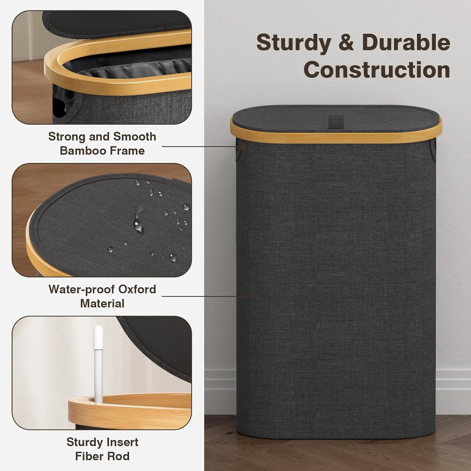 Slim Laundry Hamper with Lid, 60L Small Laundry Basket with Handles&Removable Bag, Thin Dirty Clothes Hampers for Laundry, Narrow Laundry Hampers for Bedroom Aesthetic, Dark Grey
