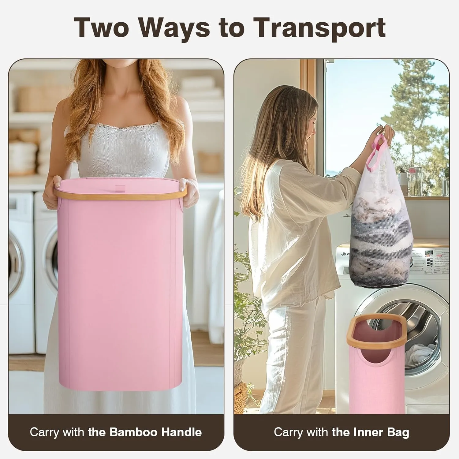 Slim Laundry Hamper with Lid, 60L Small Laundry Basket with Handles&Removable Bag, Thin Dirty Clothes Hampers for Laundry, Narrow Laundry Hampers for Bedroom Aesthetic, Pink