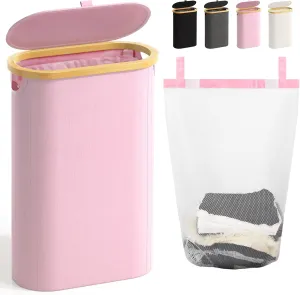 Slim Laundry Hamper with Lid, 60L Small Laundry Basket with Handles&Removable Bag, Thin Dirty Clothes Hampers for Laundry, Narrow Laundry Hampers for Bedroom Aesthetic, Pink