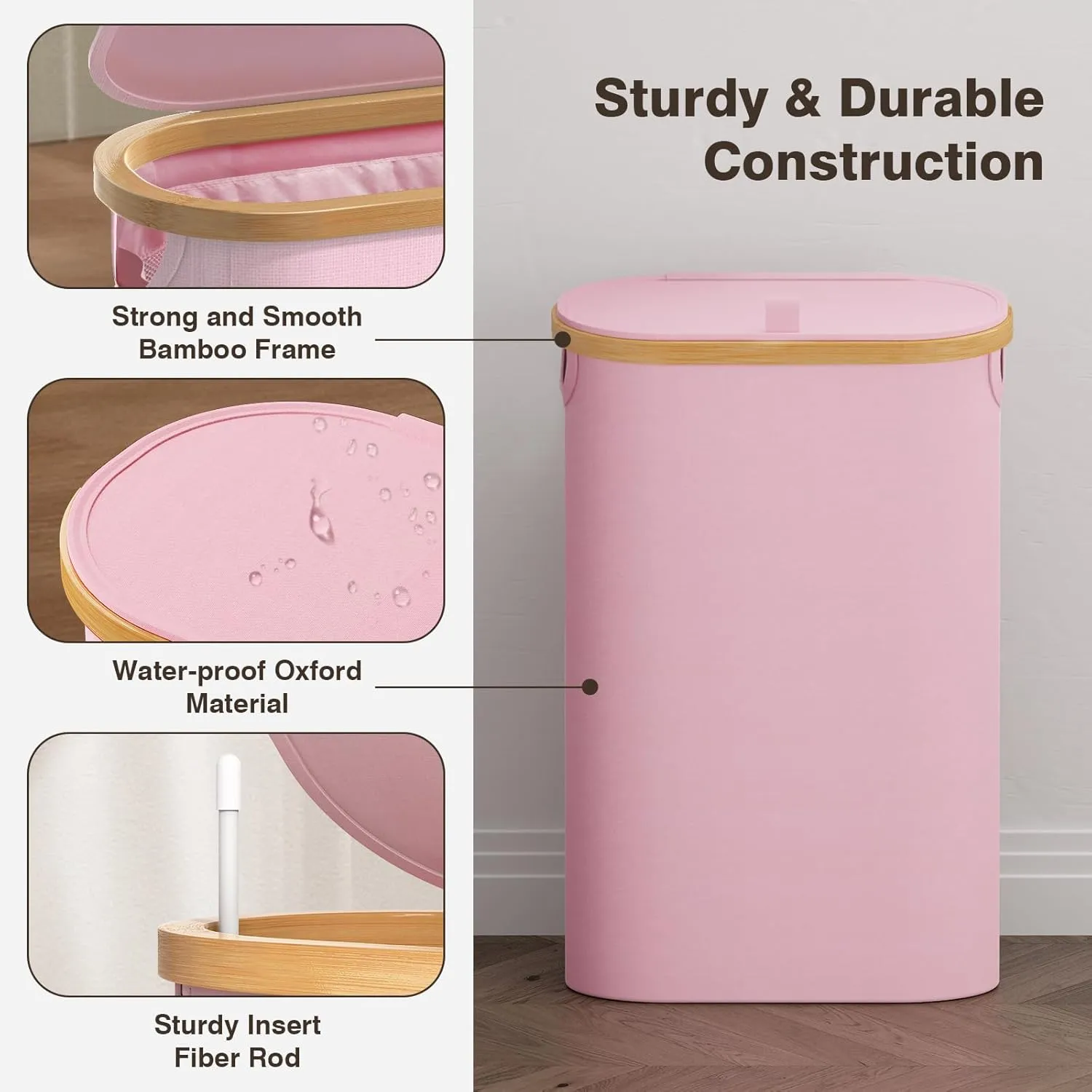 Slim Laundry Hamper with Lid, 60L Small Laundry Basket with Handles&Removable Bag, Thin Dirty Clothes Hampers for Laundry, Narrow Laundry Hampers for Bedroom Aesthetic, Pink