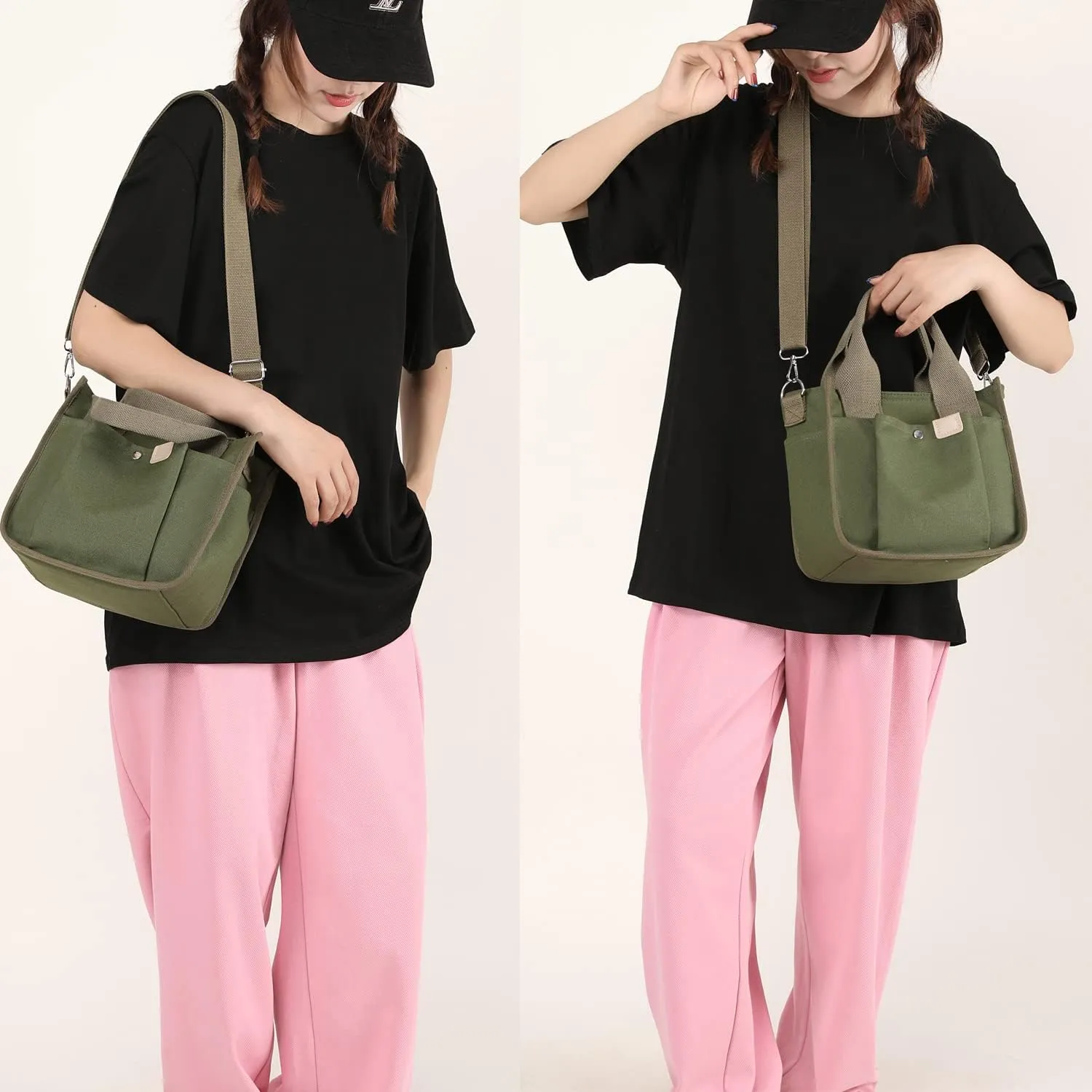 Small Canvas Tote Bag with Pockets for Women, Cute Mini Crossbody Shoulder Bags, Casual Satchel Purse Hobo Messenger Handbag