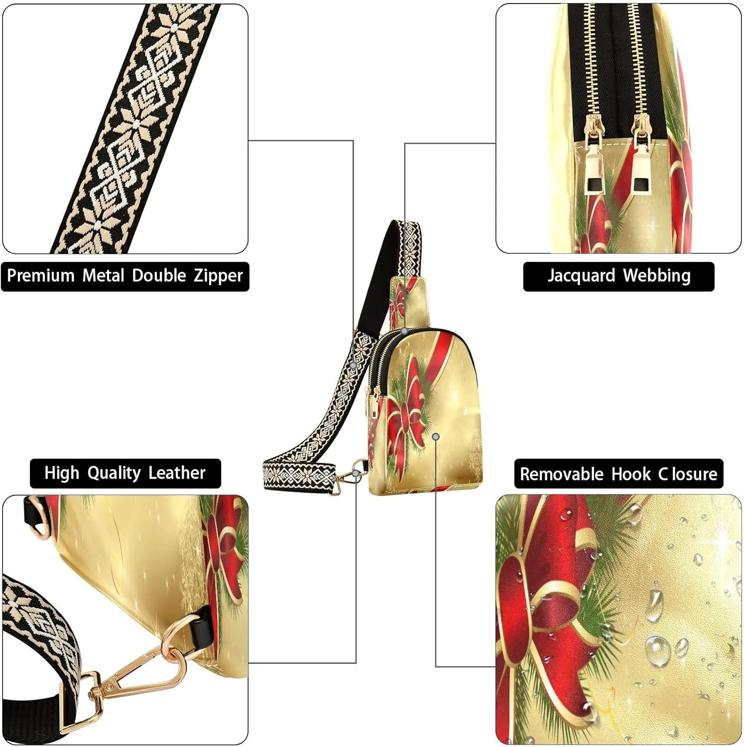 Small Sling Bag for Women Crossbody Christmas Bowknot Red Trendy Crossbody Bag Fashion Waist Packs Xmas Golden Pattern Leather Chest Bag Fanny Pack with Guitar Strap Travel Outdoor Outfit