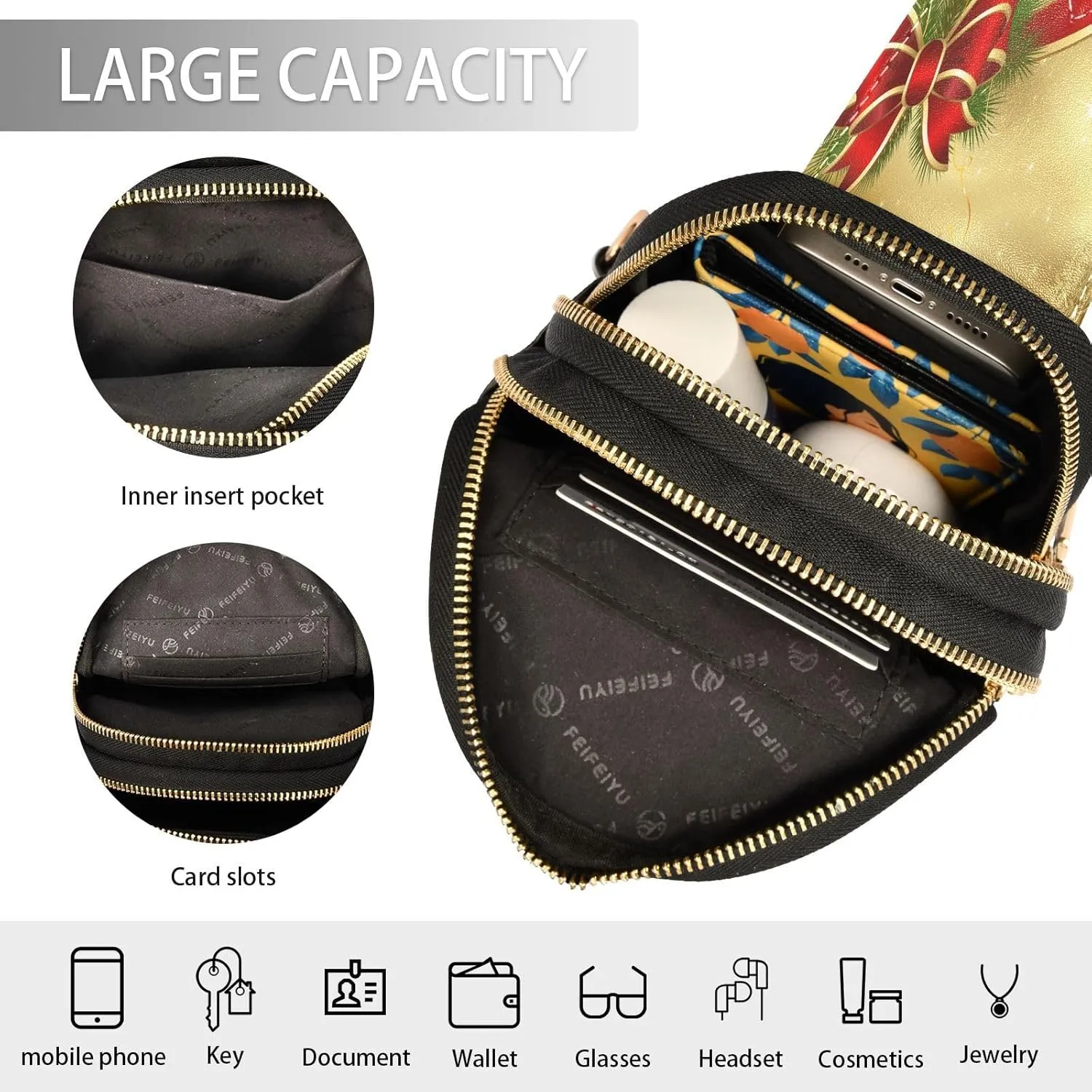 Small Sling Bag for Women Crossbody Christmas Bowknot Red Trendy Crossbody Bag Fashion Waist Packs Xmas Golden Pattern Leather Chest Bag Fanny Pack with Guitar Strap Travel Outdoor Outfit