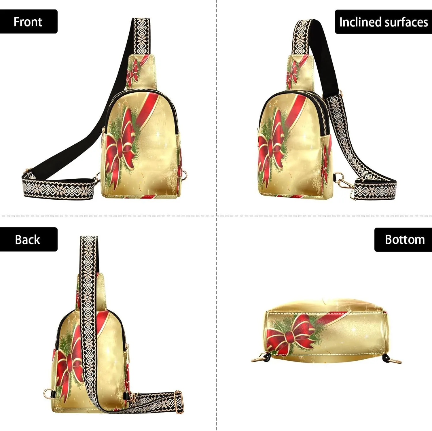 Small Sling Bag for Women Crossbody Christmas Bowknot Red Trendy Crossbody Bag Fashion Waist Packs Xmas Golden Pattern Leather Chest Bag Fanny Pack with Guitar Strap Travel Outdoor Outfit